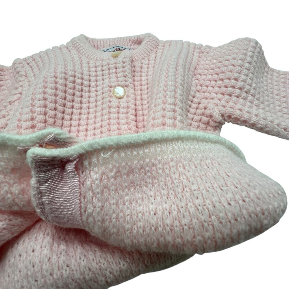 Vtg BLUE BIRD Baby Cardigan Sweater Sz 3-6M Waffle Knit Pearl Button Cottage USA - Picture 7 of 9